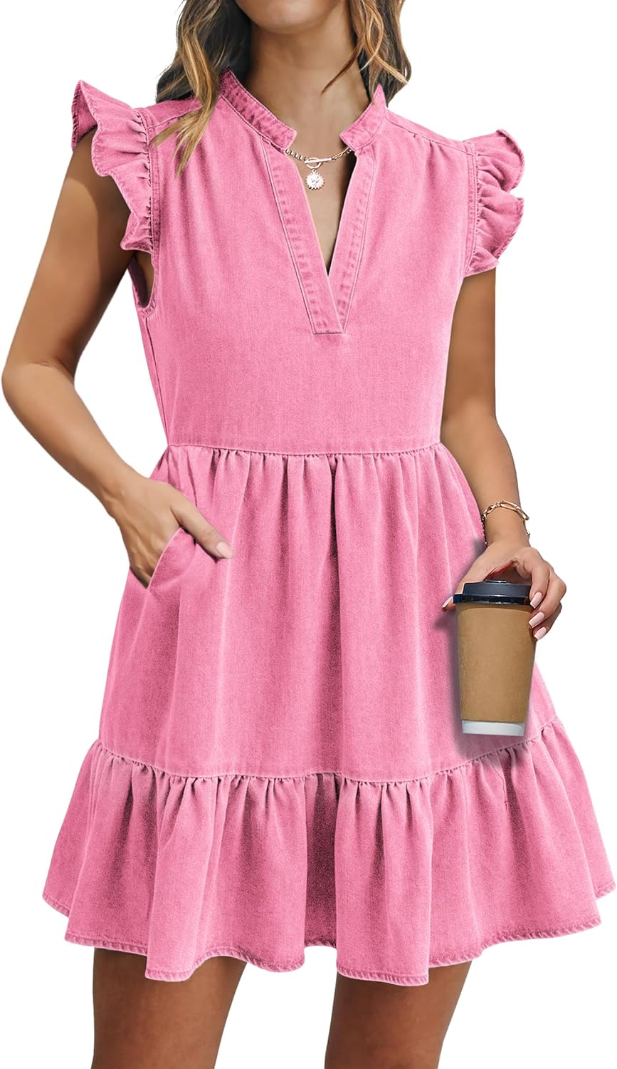 Denim Dress for Women with Ruffle Sleeves and Pockets
