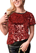 Sparkly Sequin Top Short Sleeve Glitter Party Blouse - Stand Out in as
