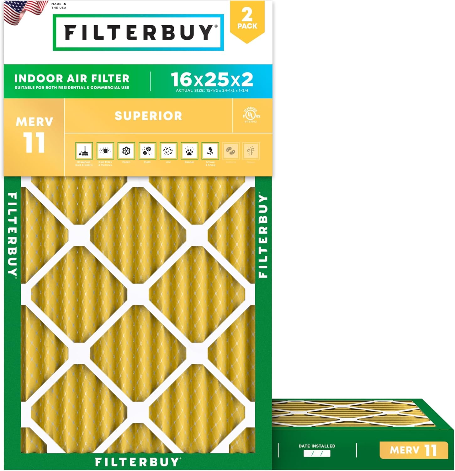 Filterbuy 16x25x2 Air Filter MERV 11 for Pet & Allergy Defense