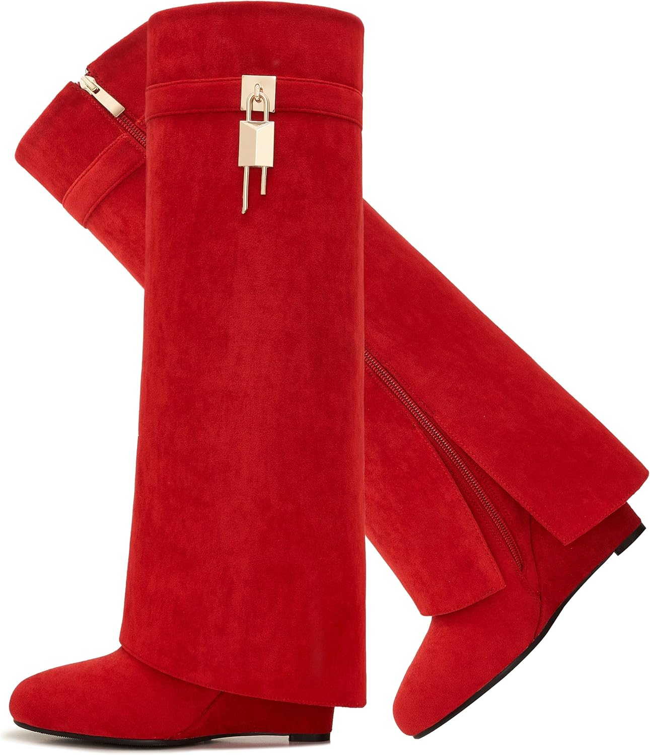 Fold Over Boots for Women with Pointy Pull-on Wedge Heel Design