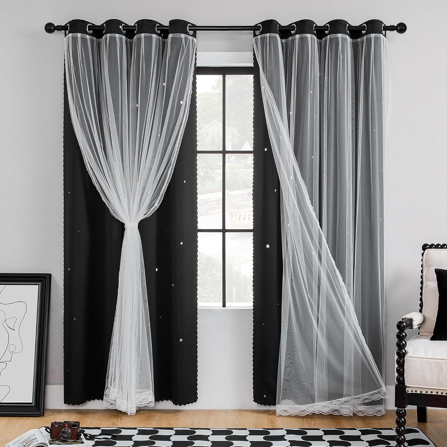 XiDi Star Blackout Curtains for Girls Bedroom Decor 34x63 in