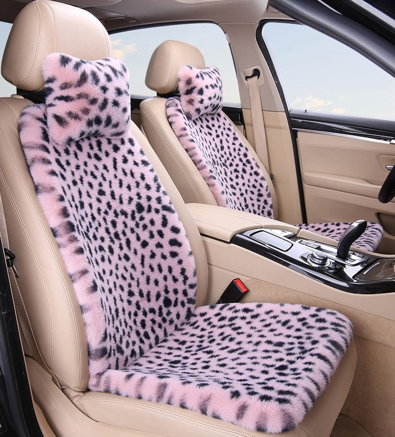 Fluffy Leopard Seat Covers for Cars with Neck Pillows - 6 PCS