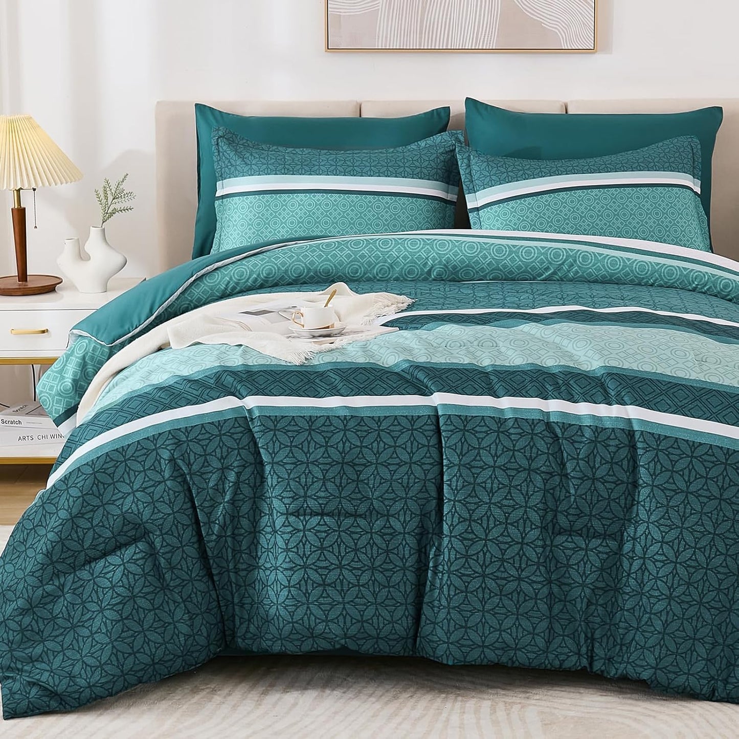 Teal Striped Comforter Set Queen Size by WONGS BEDDING - 7 Pieces