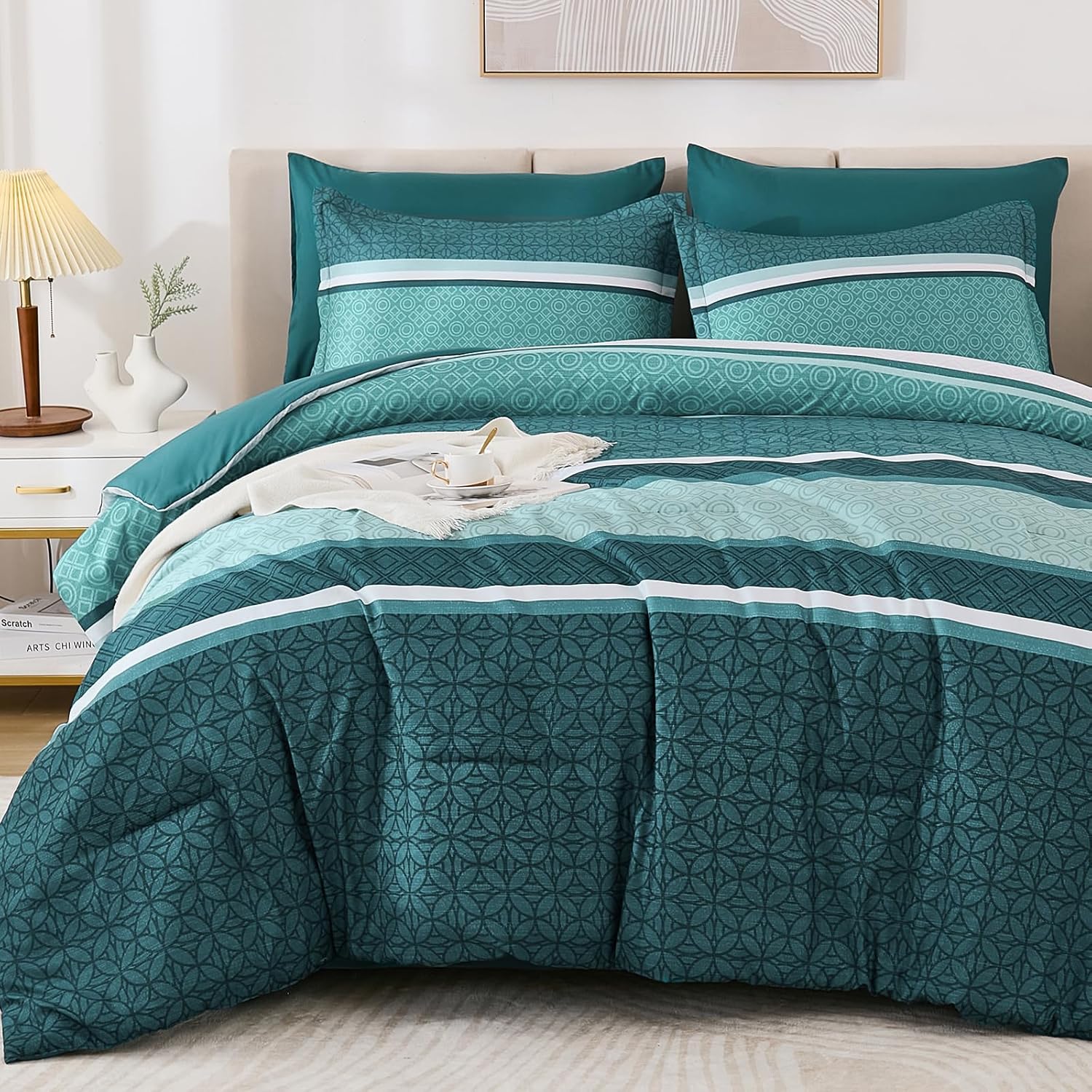 Teal Striped Comforter Set Queen Size by WONGS BEDDING - 7 Pieces