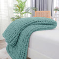 Chunky Knit Throw Blanket 40x60 in - Light Teal Hand Knitted Throw