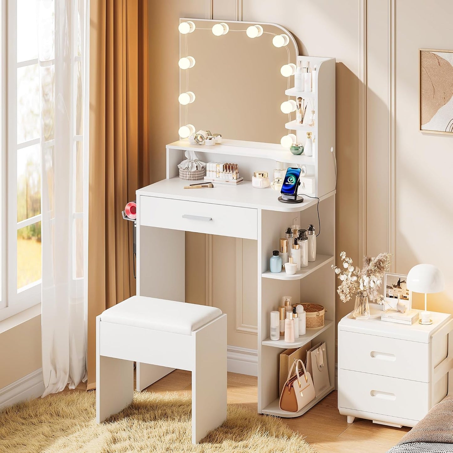 wanan Vanity with Chair and Lights for Small Spaces and Storage