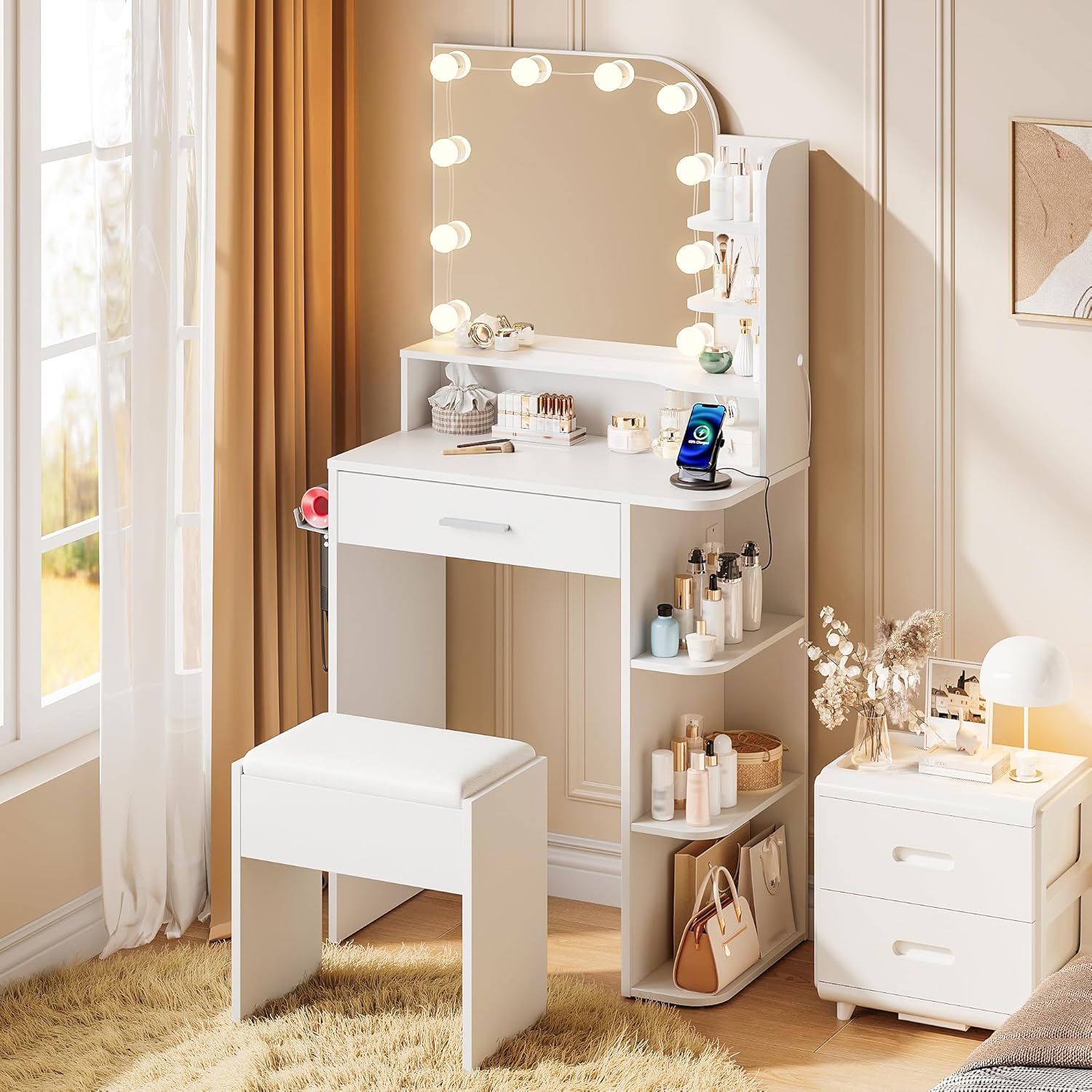 wanan Vanity with Chair and Lights for Small Spaces and Storage