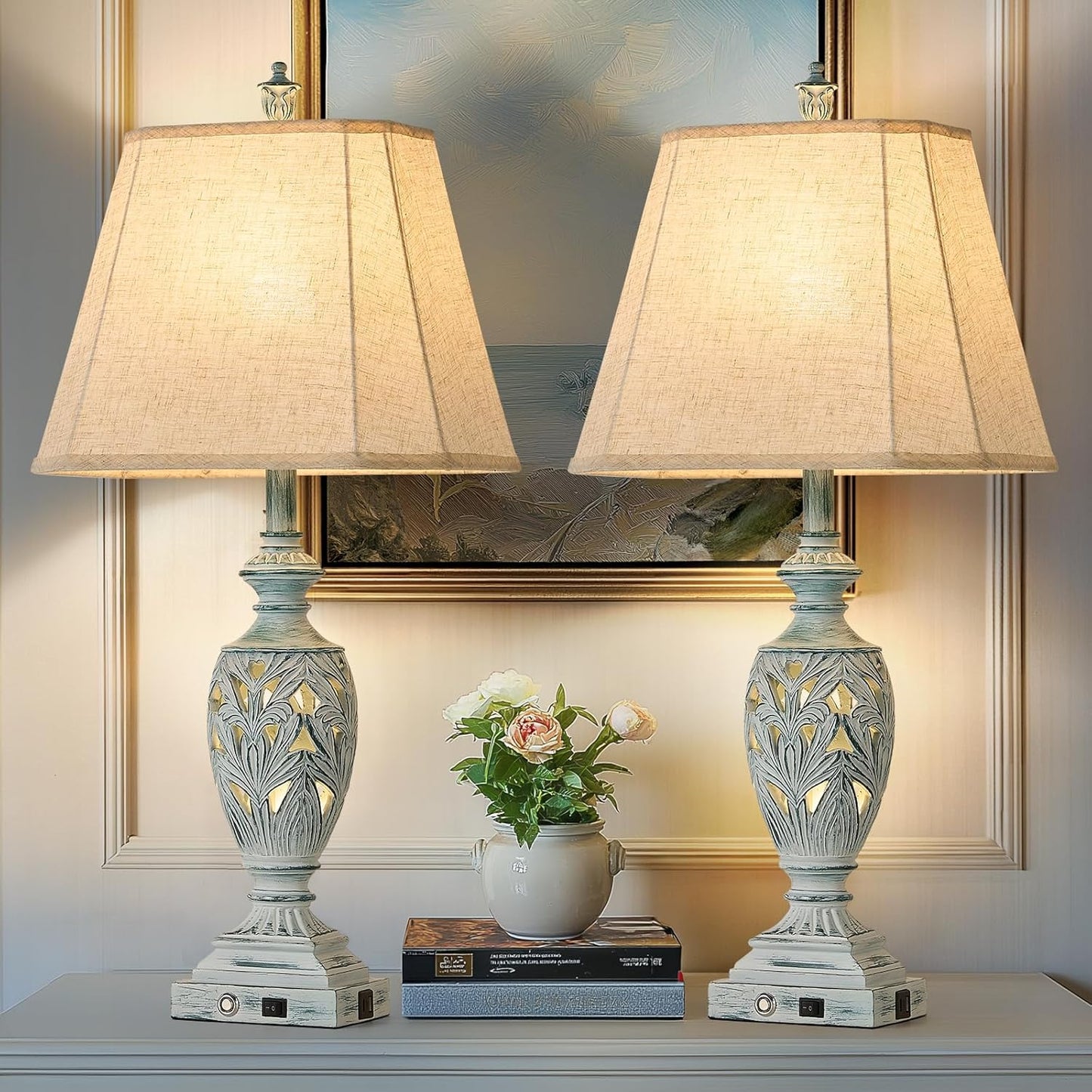 Touch Control Traditional Table Lamp Set of 2 with USB Ports