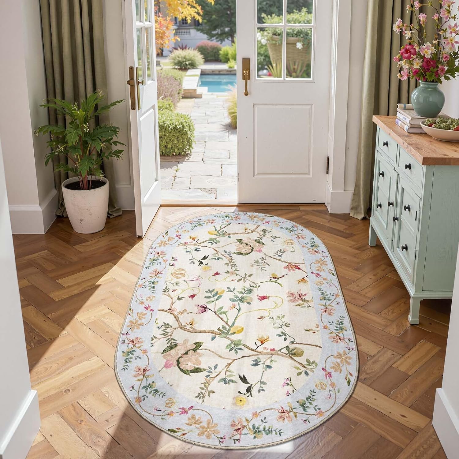 Floral Oval Rug for Entryway 3x5 Washable Non-Slip Design
