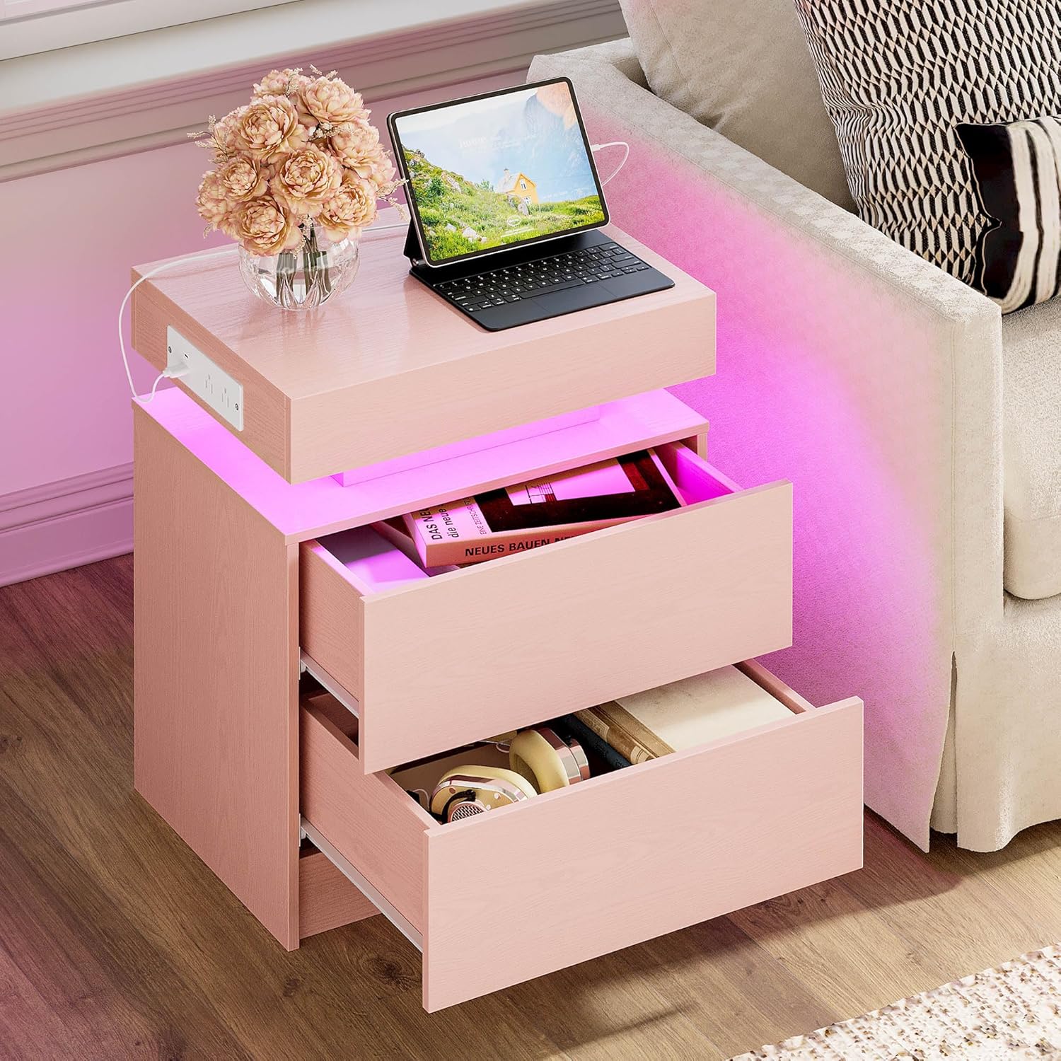 LIKIMIO Night Stand with Charging Station and LED Light