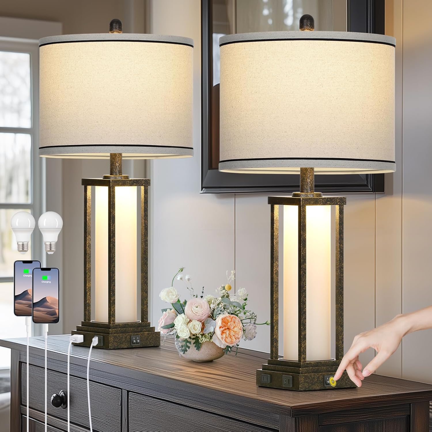 27 Inch Tall Vintage Table Lamp Set with USB Ports and Outlet