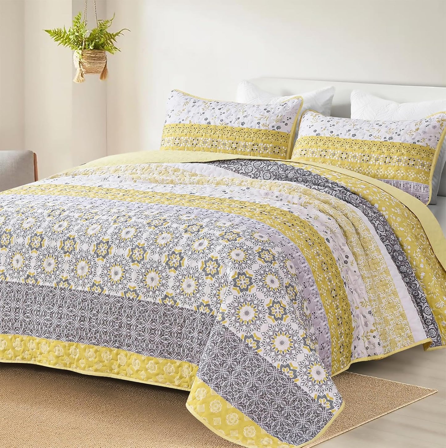 Boho Quilt Set Queen - Yellow Striped Patchwork Bedspread