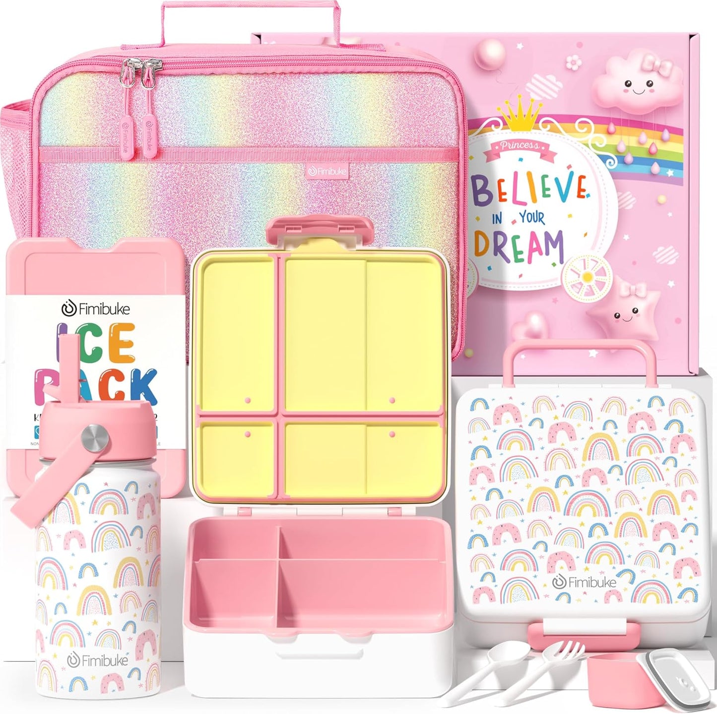 Fimibuke Kids Bento Lunch Box Set with Insulated Bag & Bottle