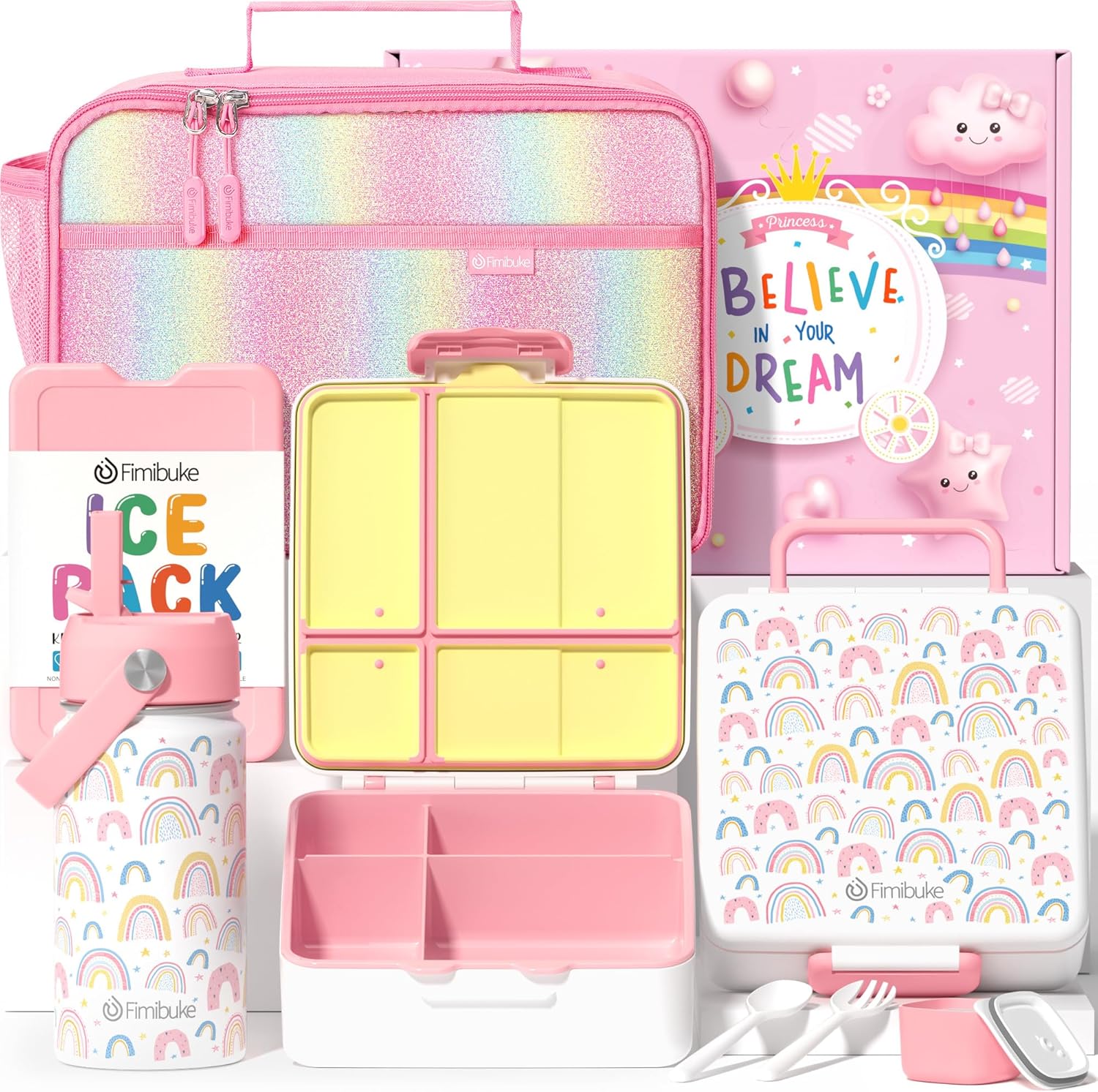 Fimibuke Kids Bento Lunch Box Set with Insulated Bag & Bottle