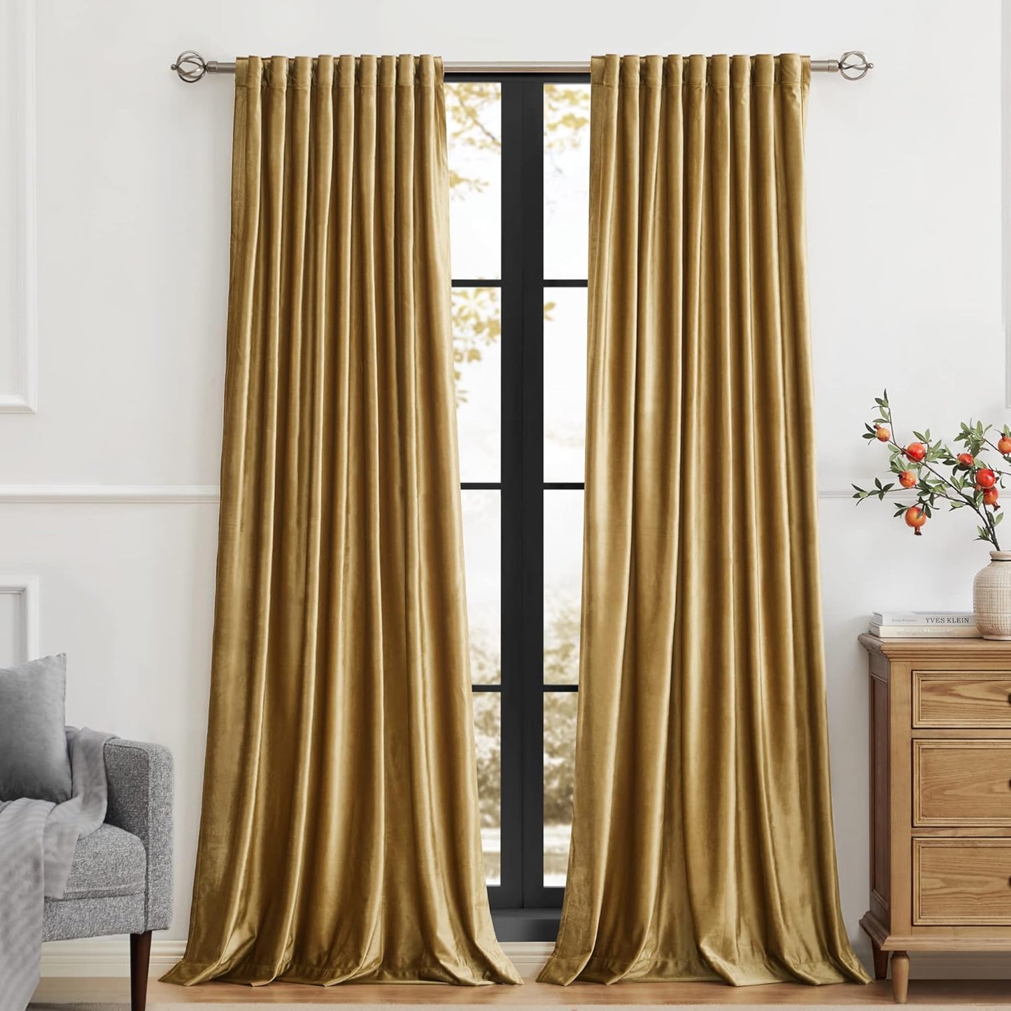 Golden Velvet Curtains for Living Room - 102 inch Blackout Panels