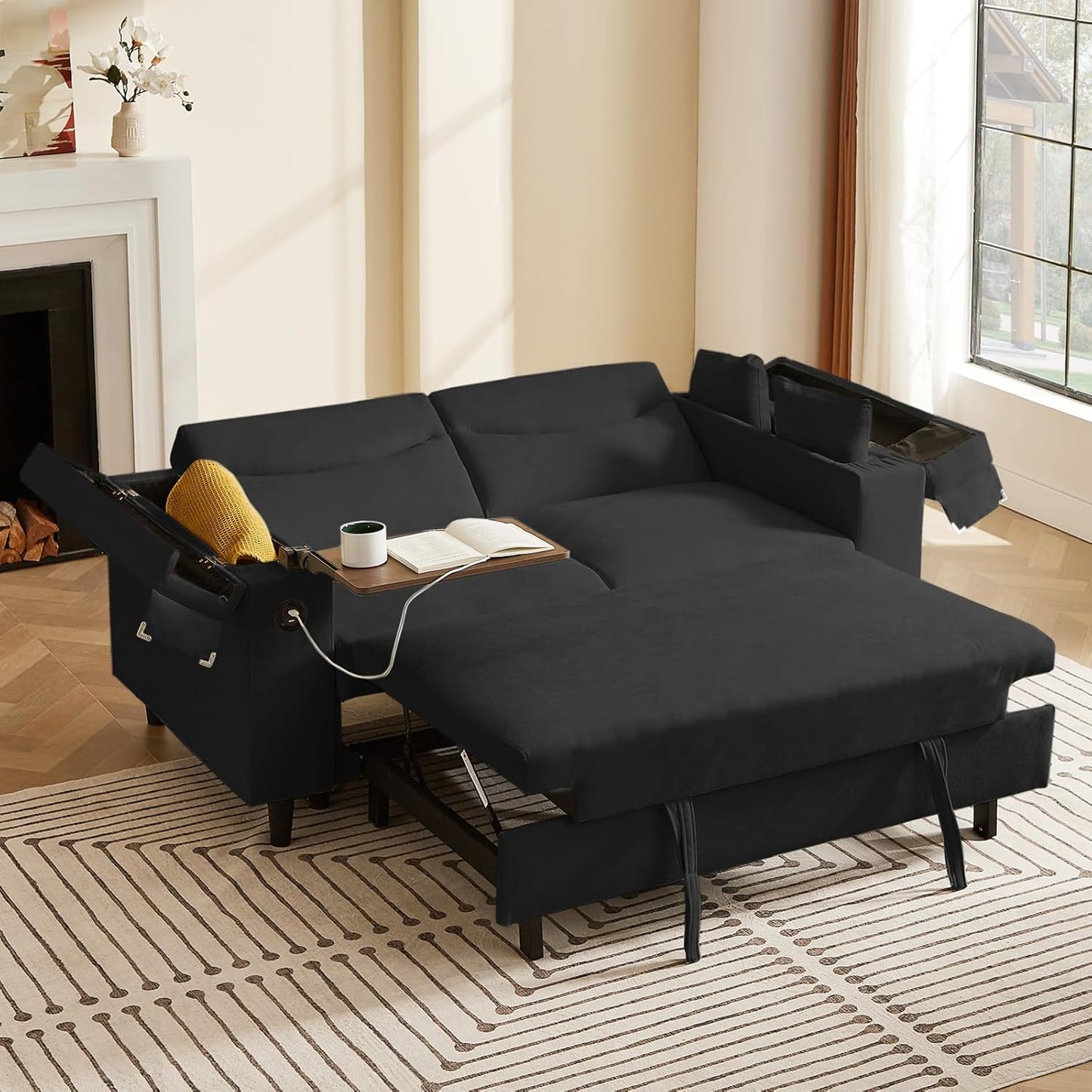 66 Pullout Couch Sleeper Sofa with Hidden Table & USB Charging