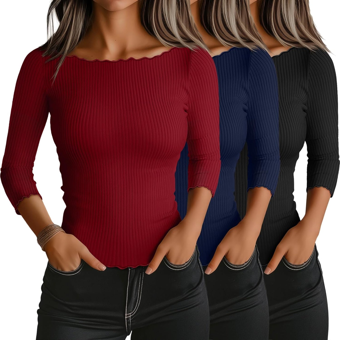 Riyiper 3 Pack Women's 3/4 Length Sleeve Tops for Casual Style