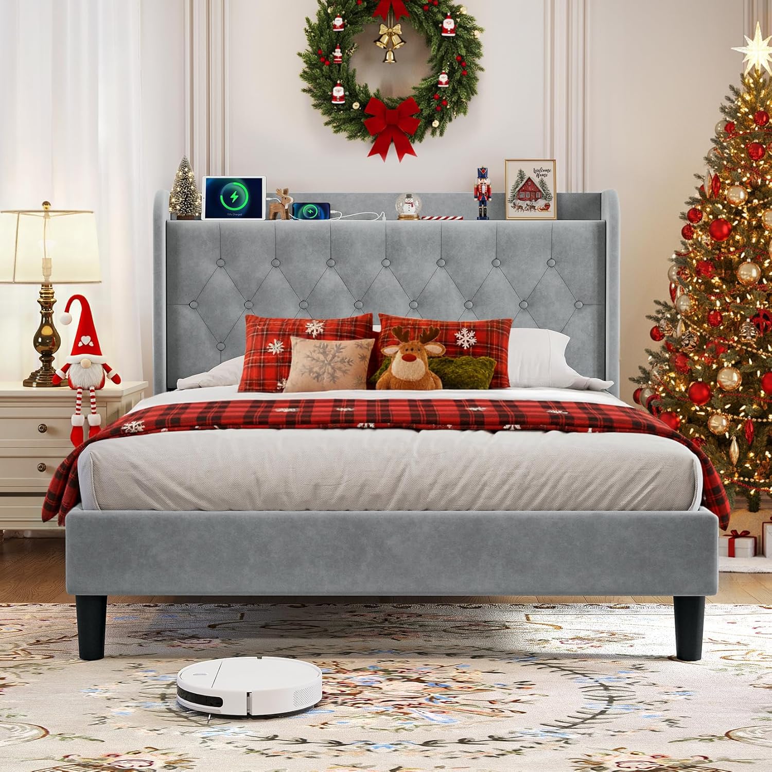 Koorlian Full Size Bed Frame with Adjustable Velvet Headboard