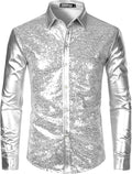 ZEROYAA Men's Shiny Metallic Sequin Button Down Shirt - Party Ready