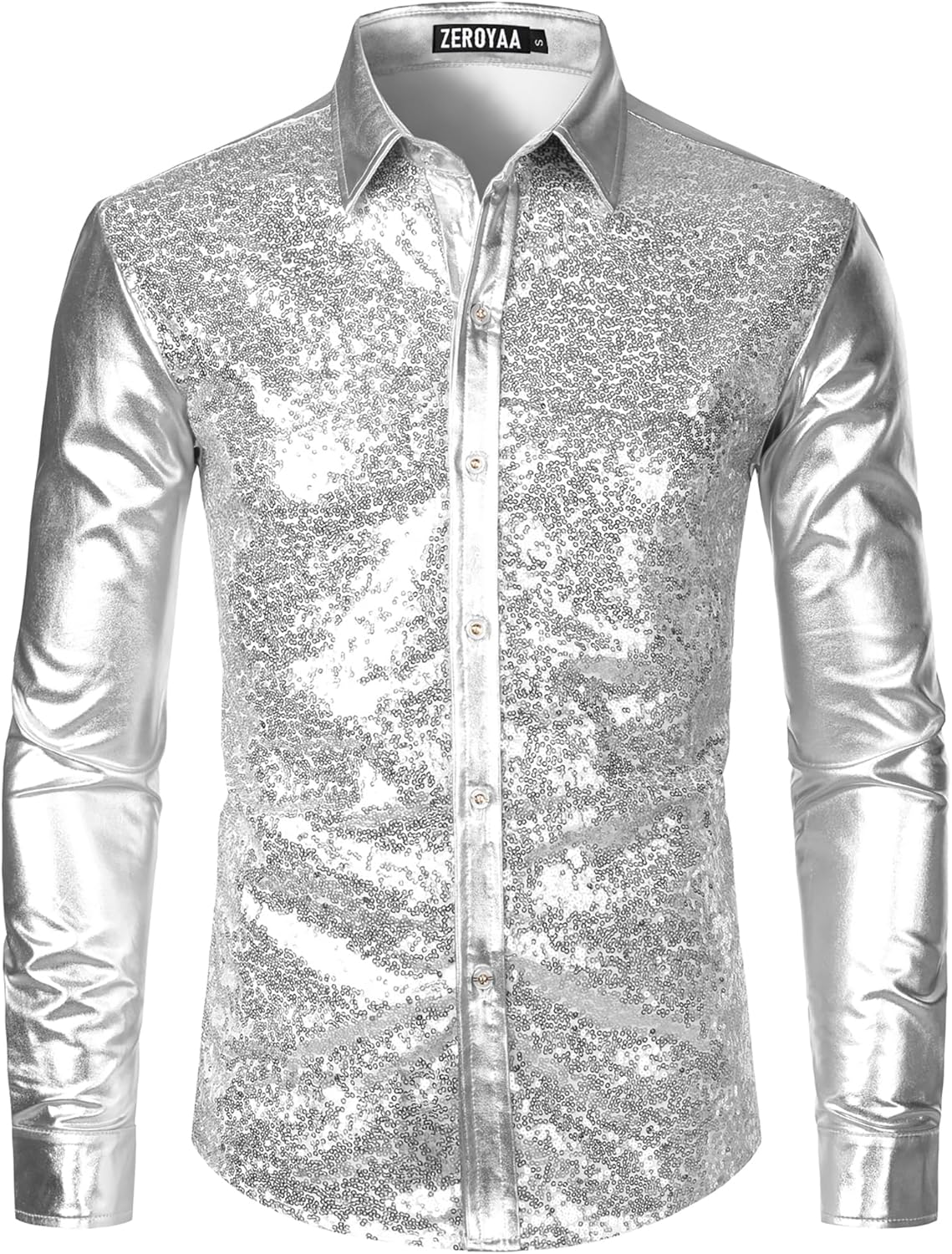 ZEROYAA Men's Shiny Metallic Sequin Long Sleeve Shirt for Parties