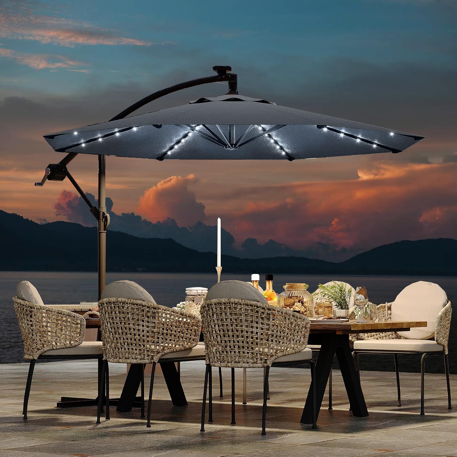 10FT Cantilever Umbrella with Solar Lights for Outdoor Spaces