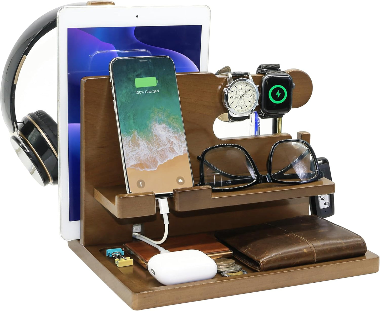 Wooden Phone Docking Station for Men - Nightstand Organizer