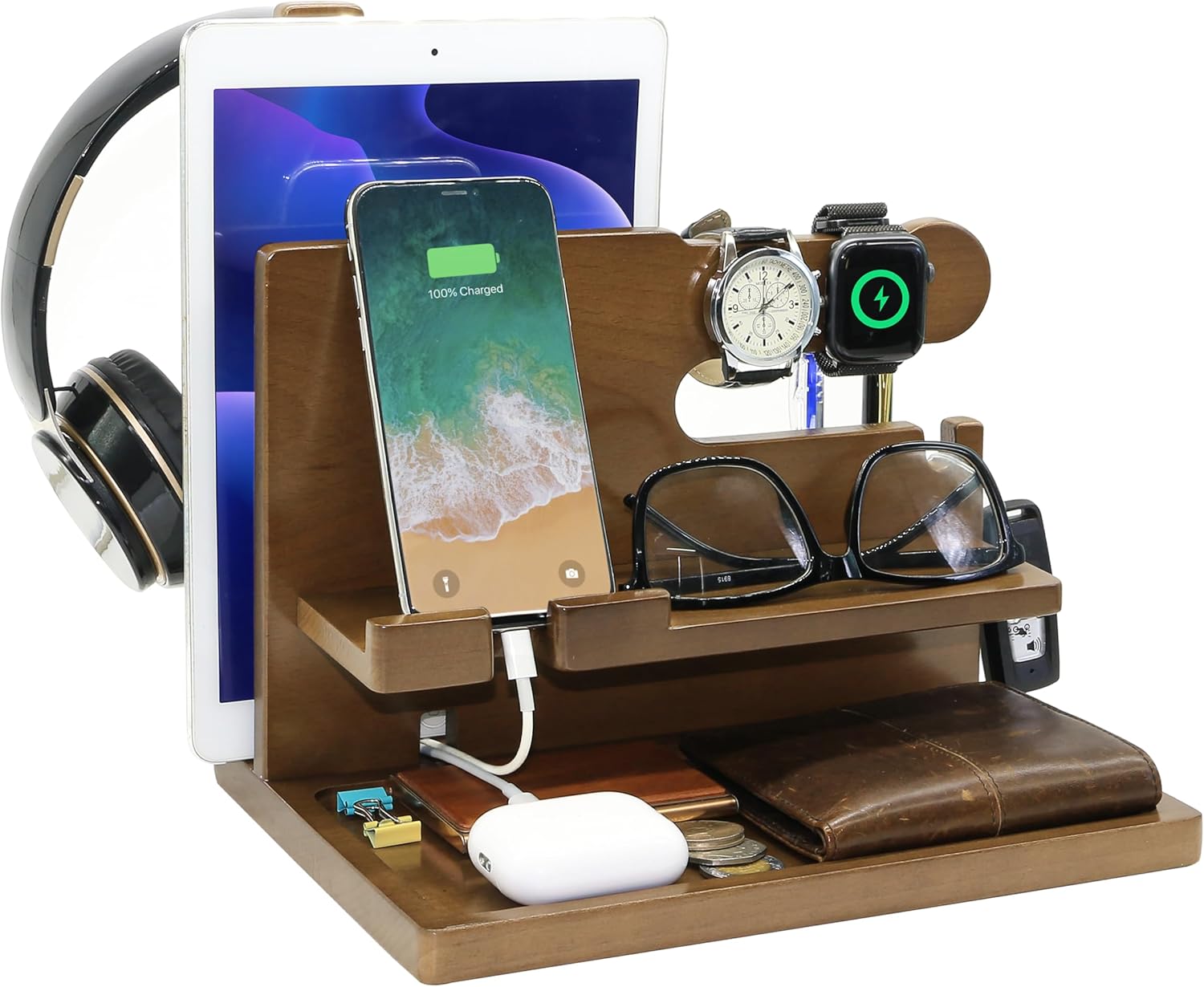 Wooden Phone Docking Station for Men - Nightstand Organizer