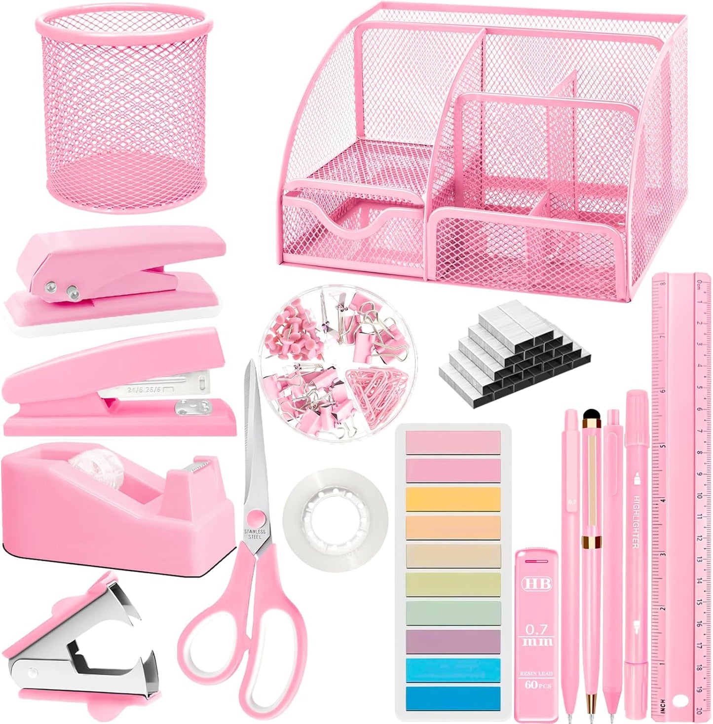 Pink Desk Accessories Set for Office Home School Women 17Pcs
