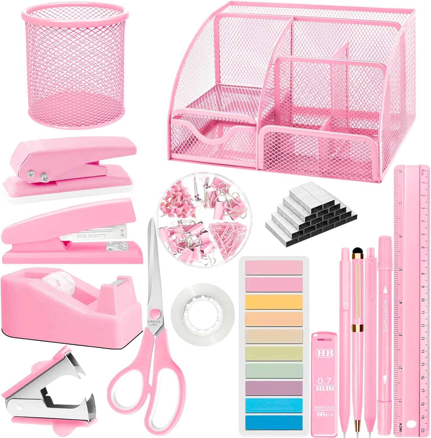 Pink Desk Accessories Set for Office Home School Women 17Pcs