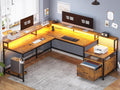 SEDETA L Shaped Office Desk with Power Outlet & LED Lights