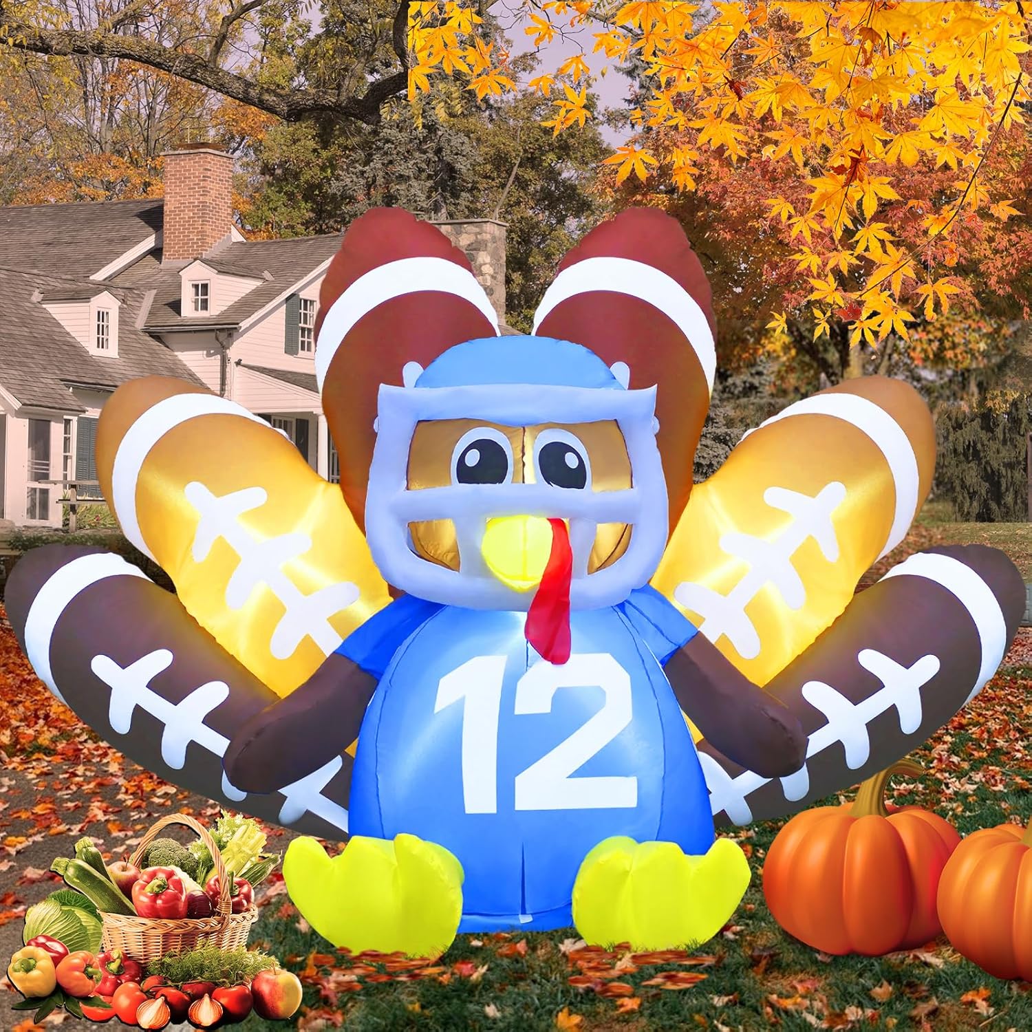 8FT Long Thanksgiving Inflatable Turkey with LED Lights for Yard