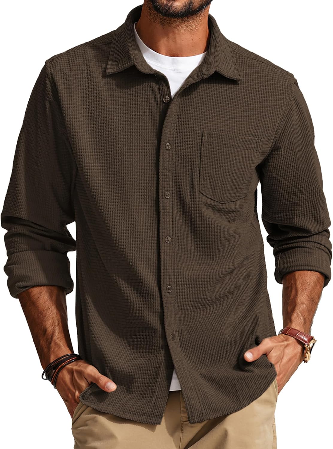PJ PAUL JONES Men's Long Sleeve Waffle Button Down Shirt Review