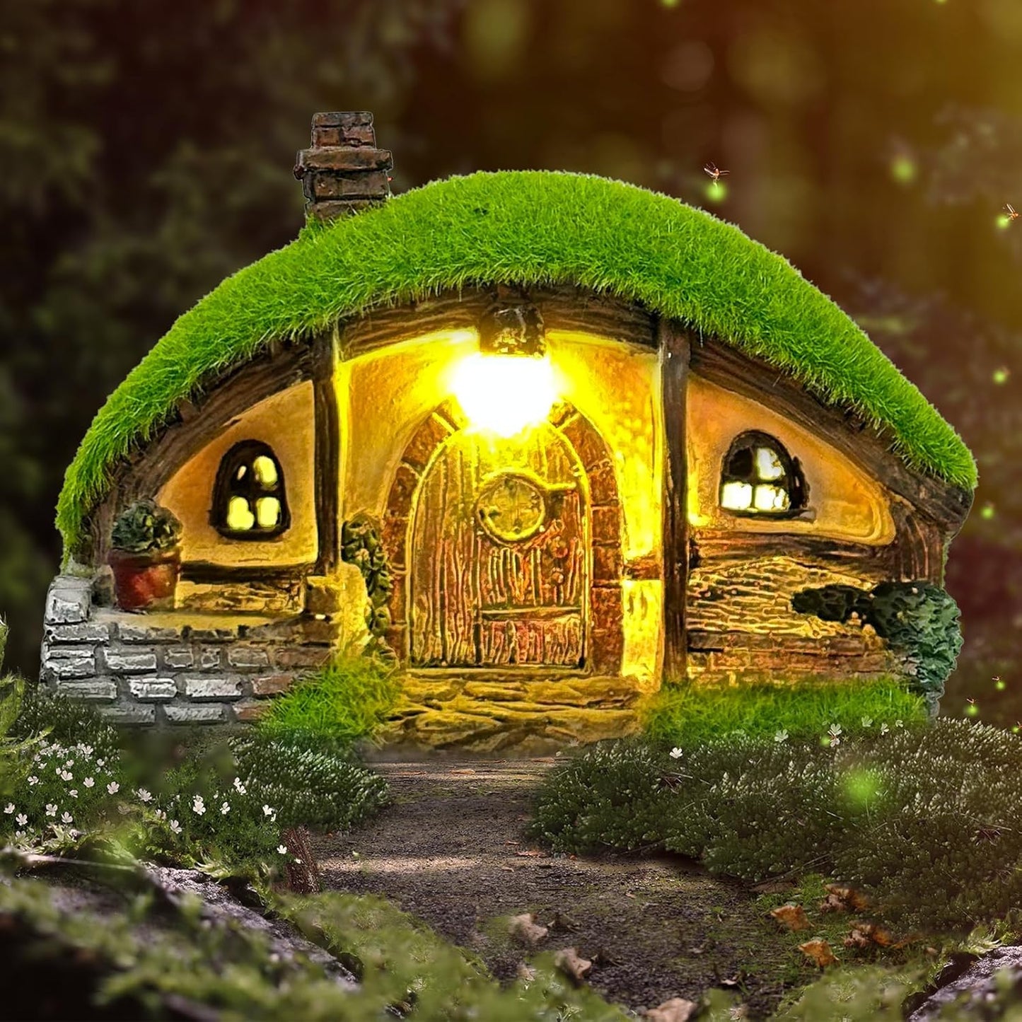 Garden Statue and Fairy House with Solar Lights for Outdoor Decor