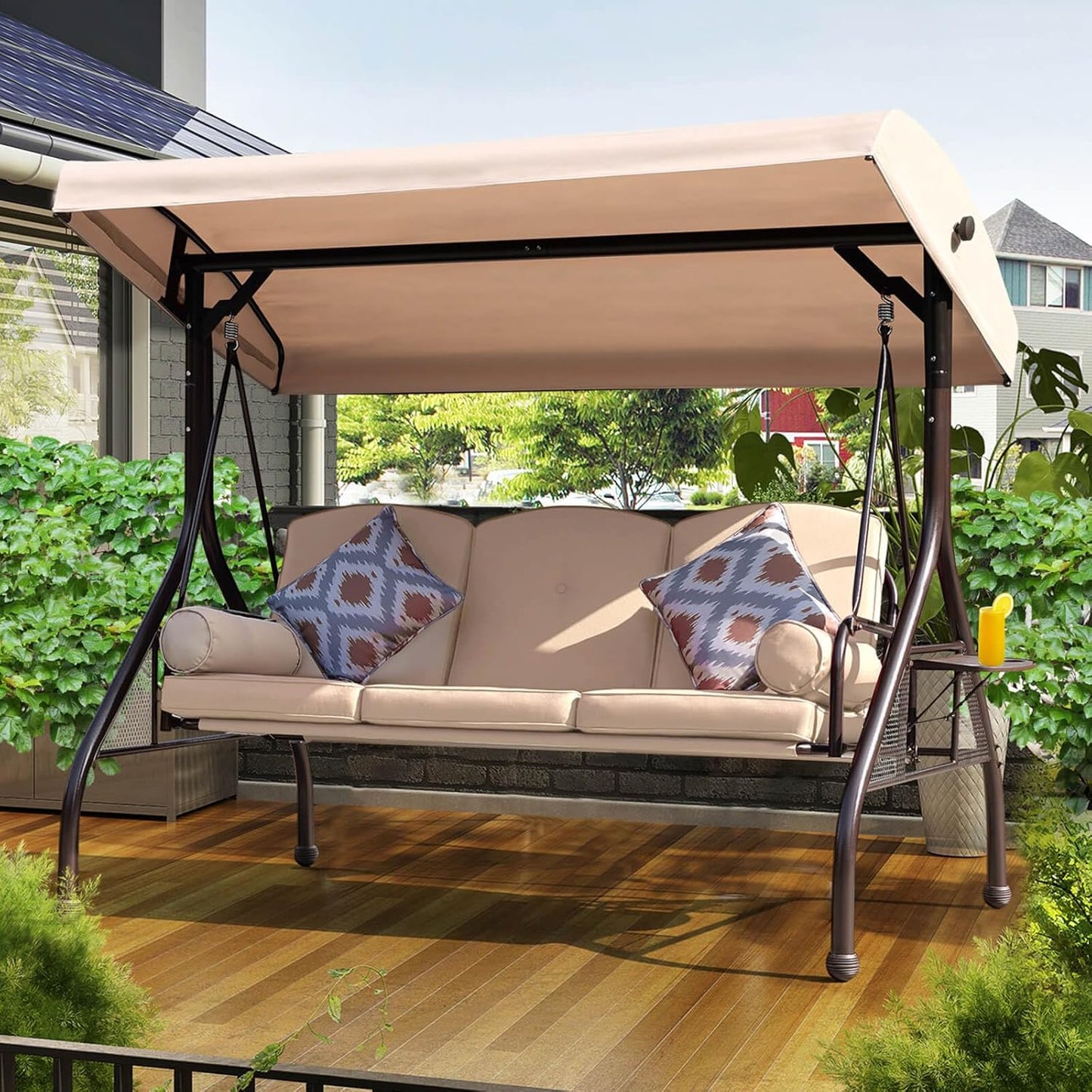 NOBLEMOOD 3-Seat Outdoor Swing with Adjustable Canopy and Tray