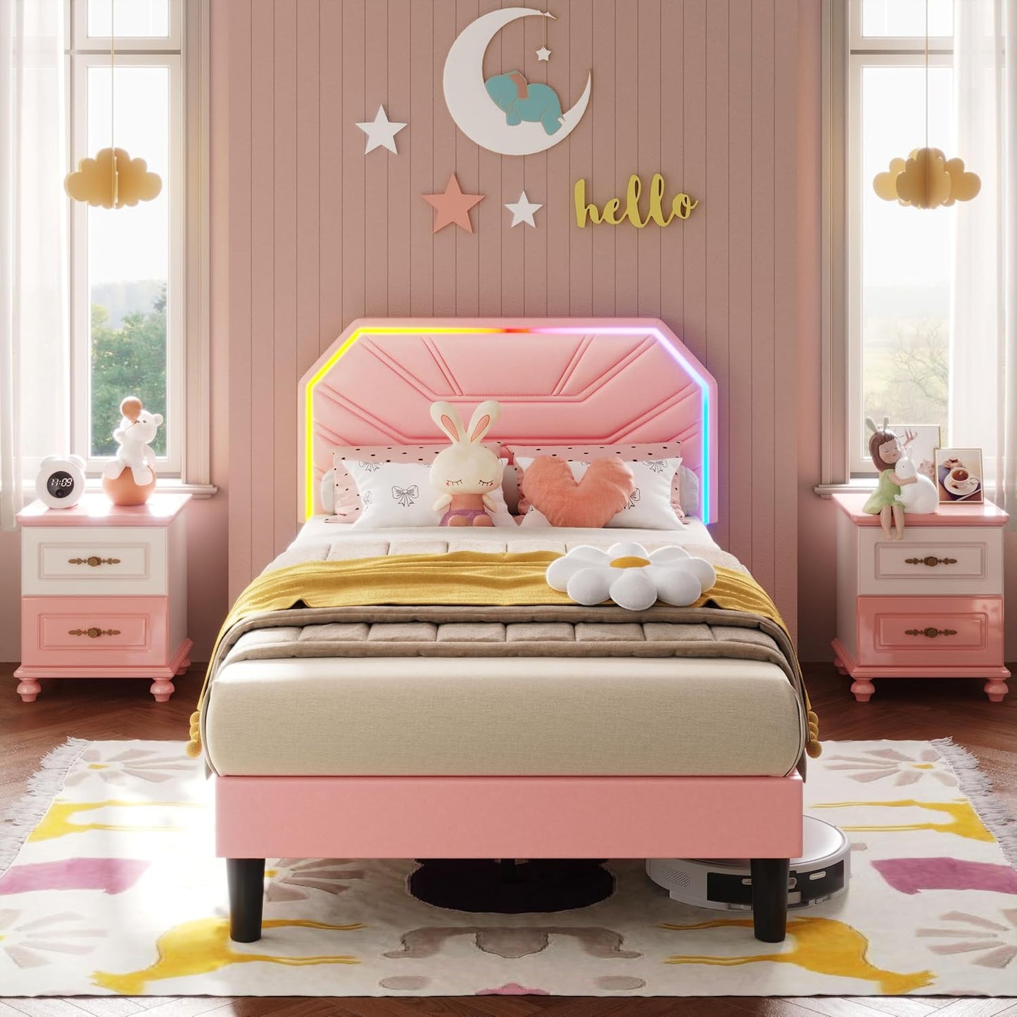 LIKIMIO Twin Bed Frame with LED Light Headboard for Comfort