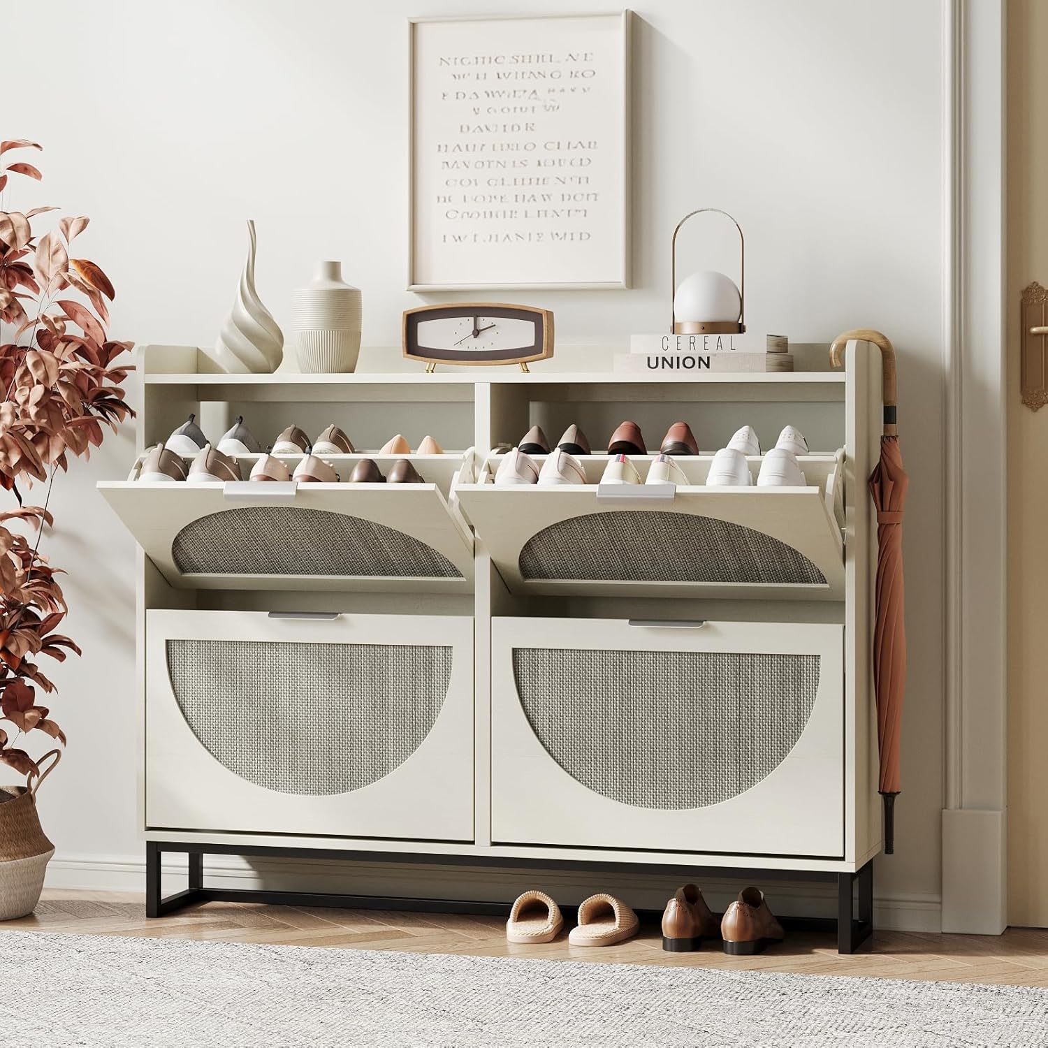 Maupvit Large Rattan Shoe Storage Cabinet with 4 Flip Drawers
