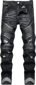 XIMXIMMTIAN Men's Biker Moto Washed Distressed Slim Straight Jeans