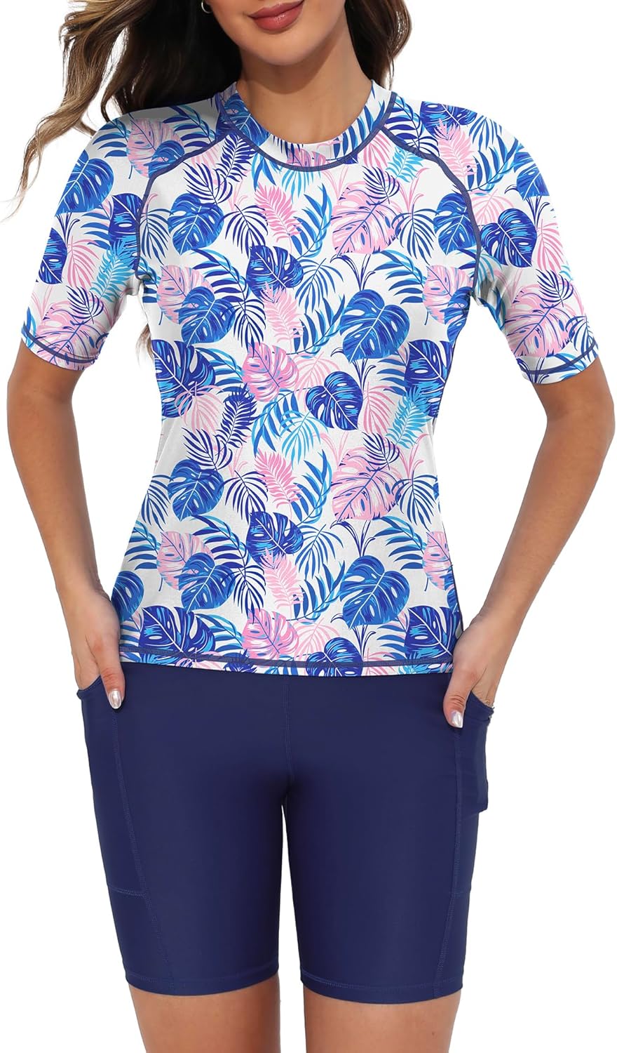 Tournesol Women's Two Piece Rash Guard Swim Set with Pockets