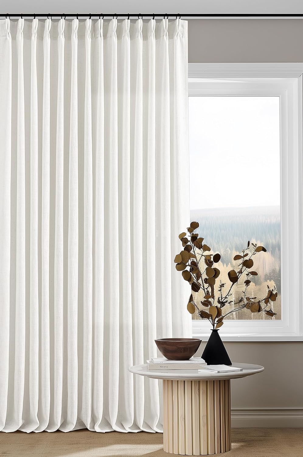 Beige White Pinch Pleated Linen Curtains for Elegant Living Spaces