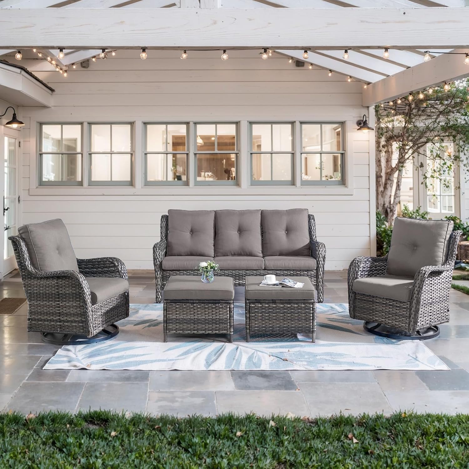 5 Piece Outdoor Patio Furniture Set with Swivel Rocker Chairs