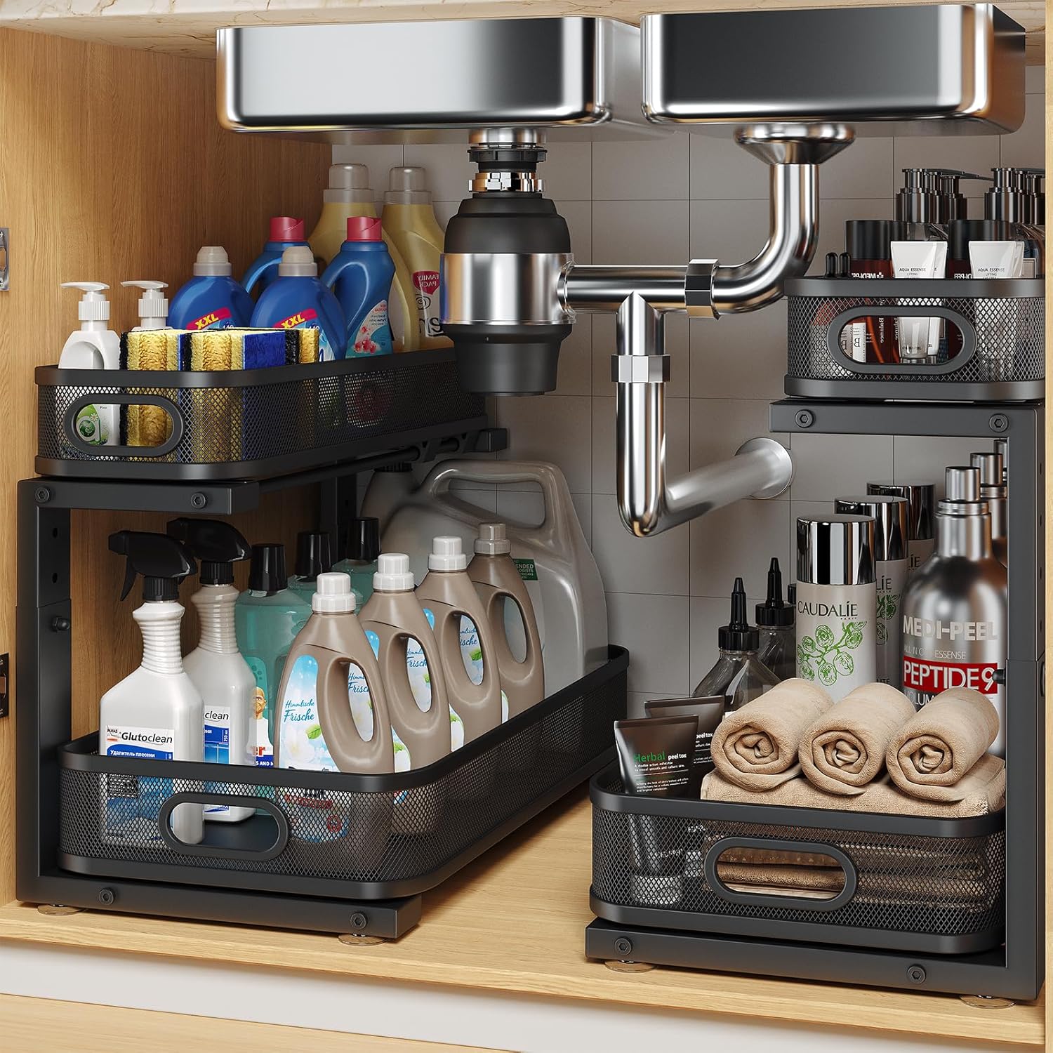 2 Pack 17.3IN Under Sink Organizer with Smooth Cylindrical Rails