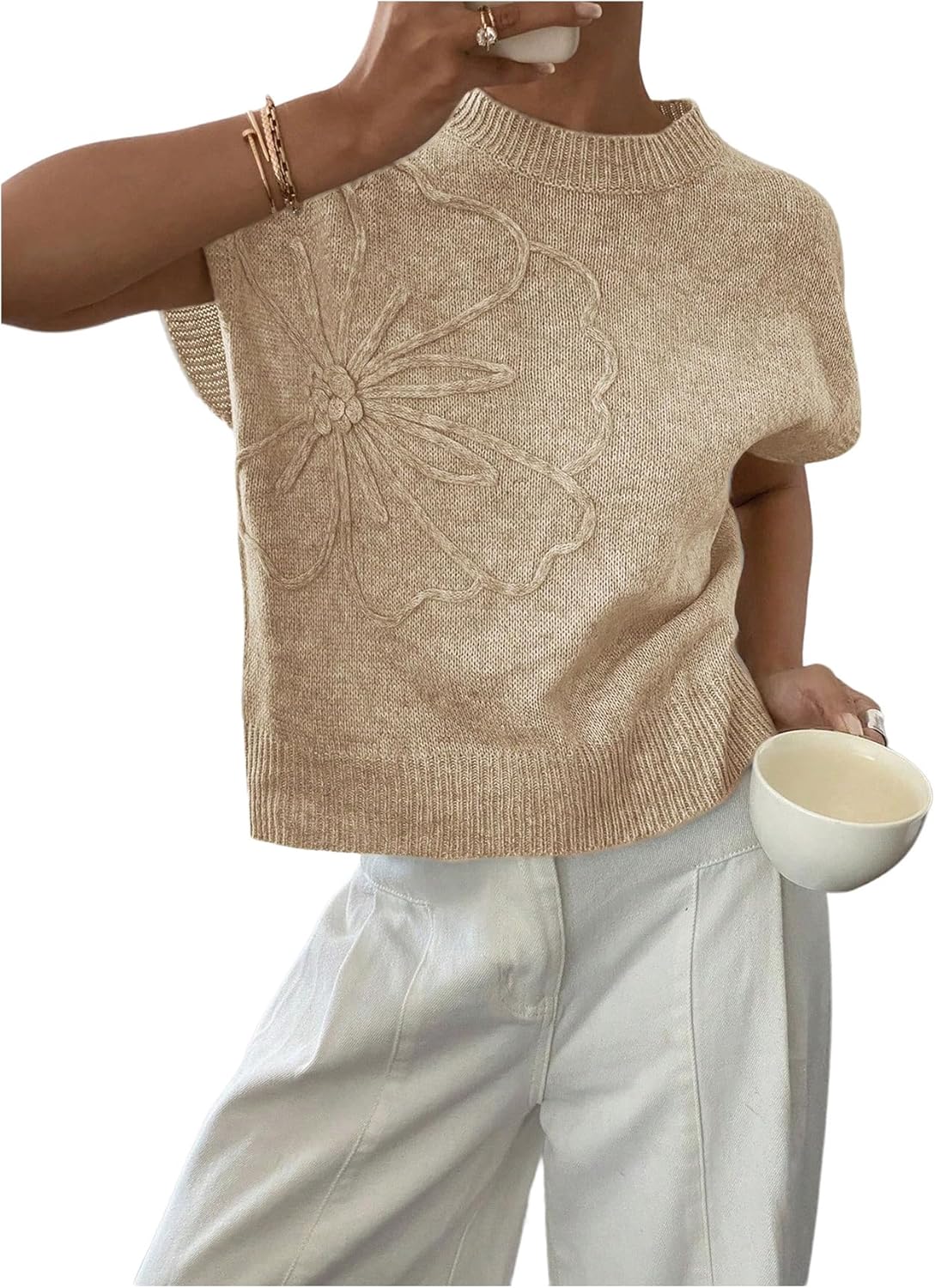 SOLY HUX Women's Ribbed Sweater with Floral Knit Design