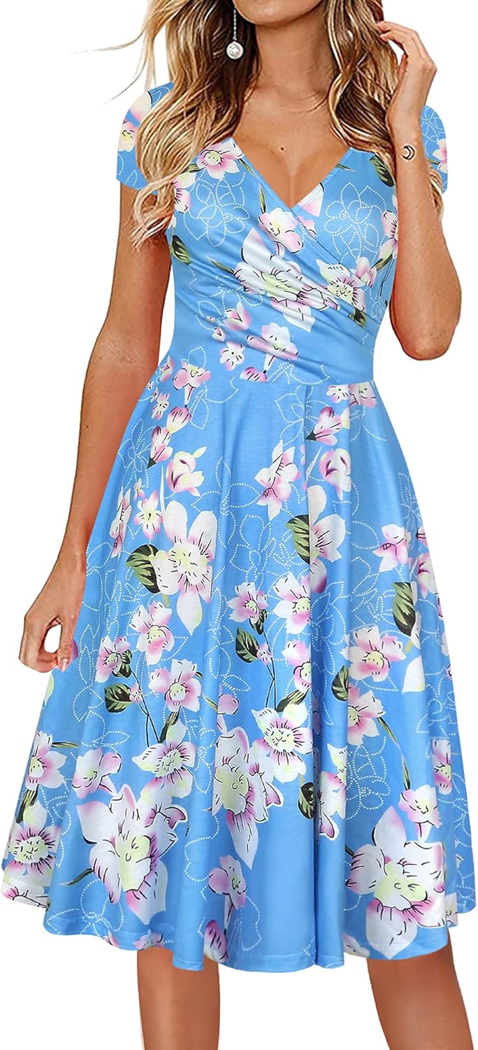 Oxiuly Women's Cap Sleeve Summer Casual Floral Vacation Dress
