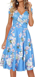 Women's Floral Criss-Cross V-Neck Flare Midi Dress - Casual Summer