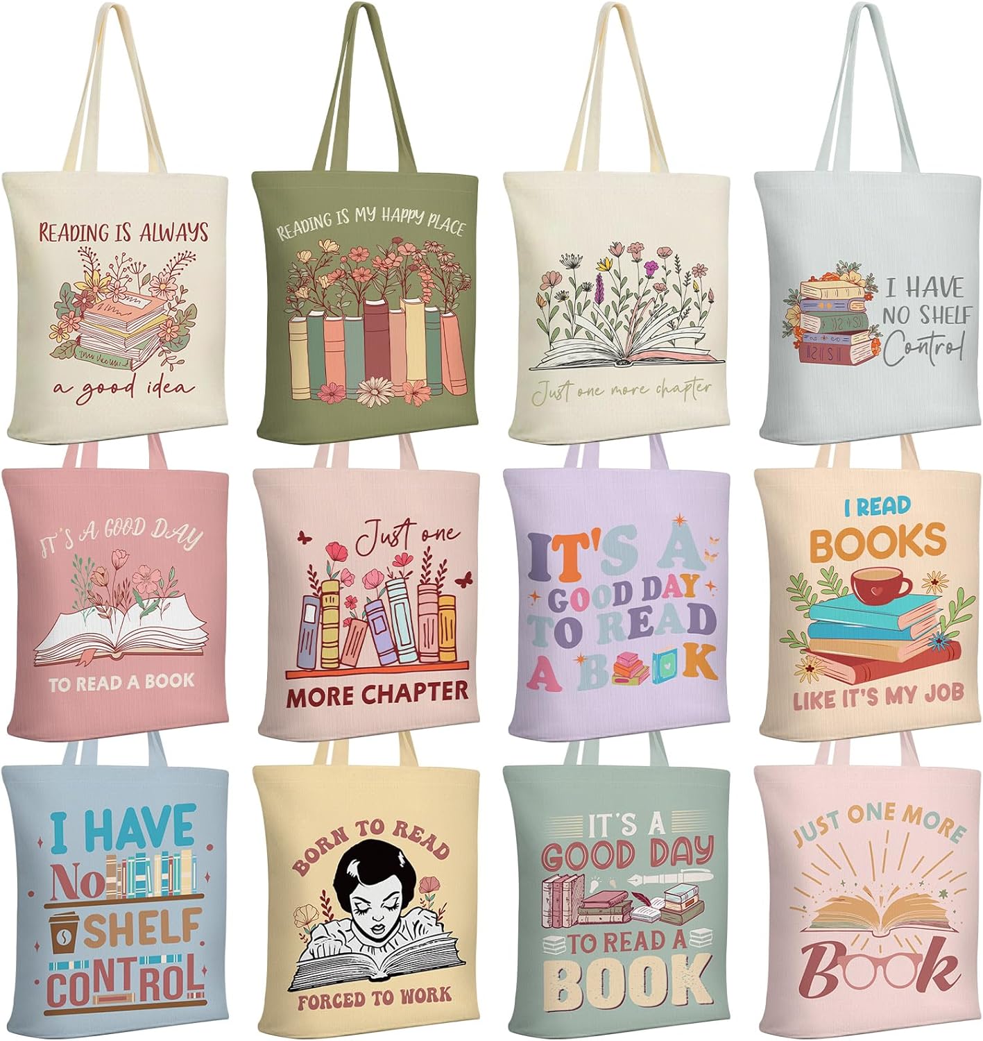 Sunnymove 12 Pcs Book Lover Gifts Canvas Tote Bag Set