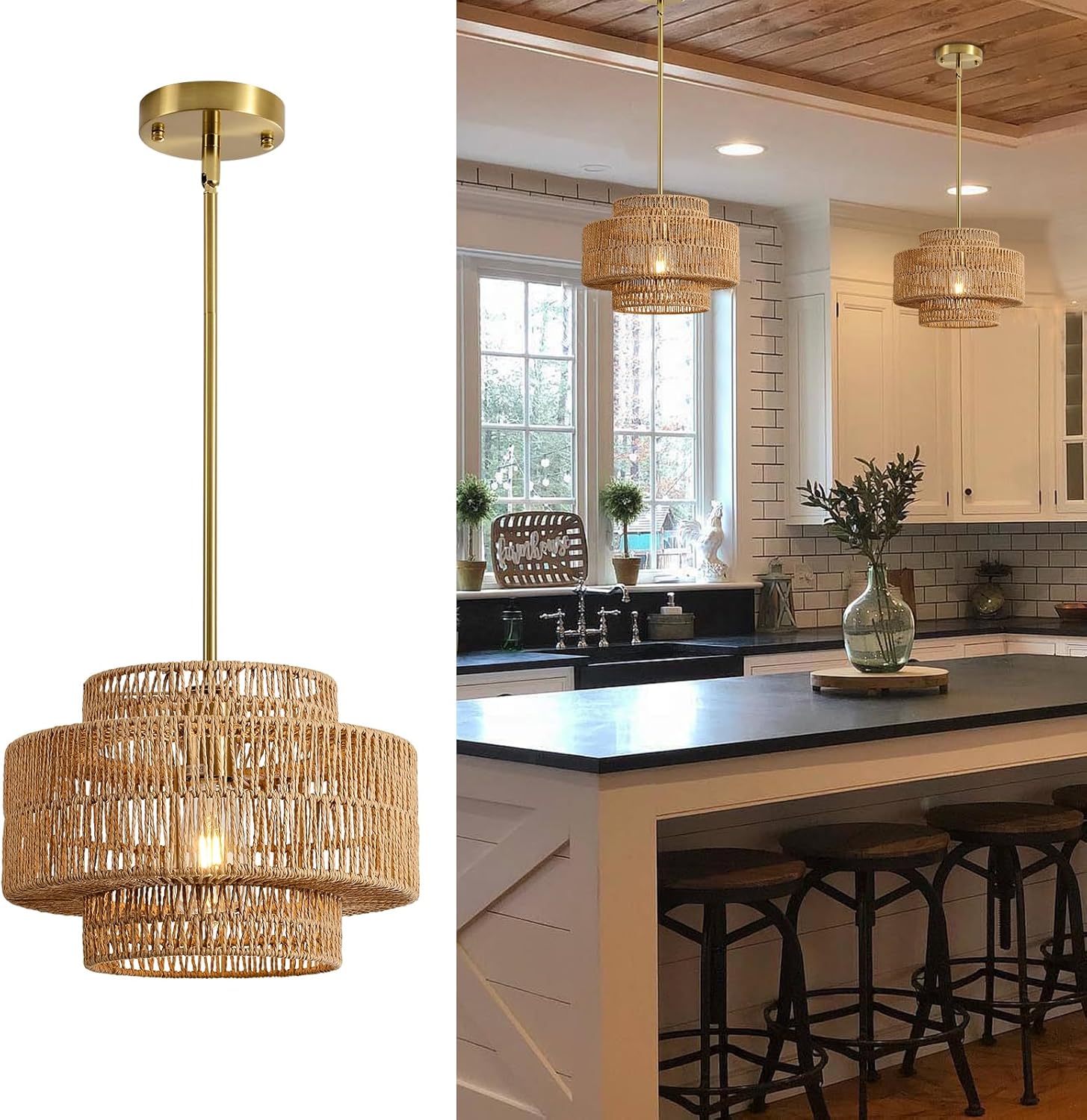 Boho Rattan Chandelier Light Fixture for Rustic Home Decor