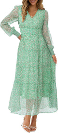Womens Floral Long Sleeve Maxi Dress V Neck Chiffon Boho - Flowing Fit