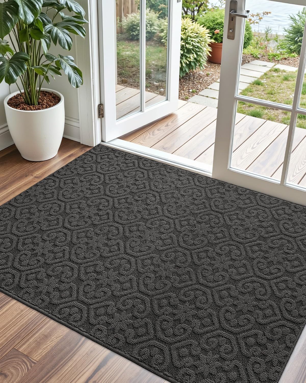 DEXI Non Slip Entryway Mat 4x6 ft Large Washable Dark Grey