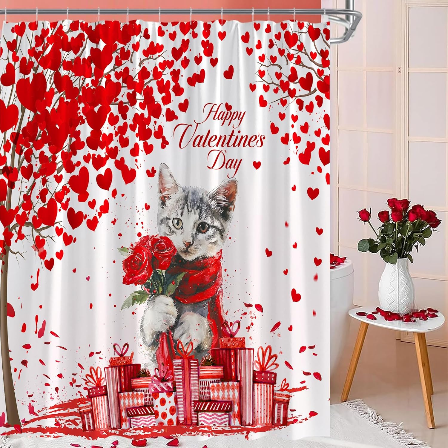 Romantic Cat Love Shower Curtain with Hooks