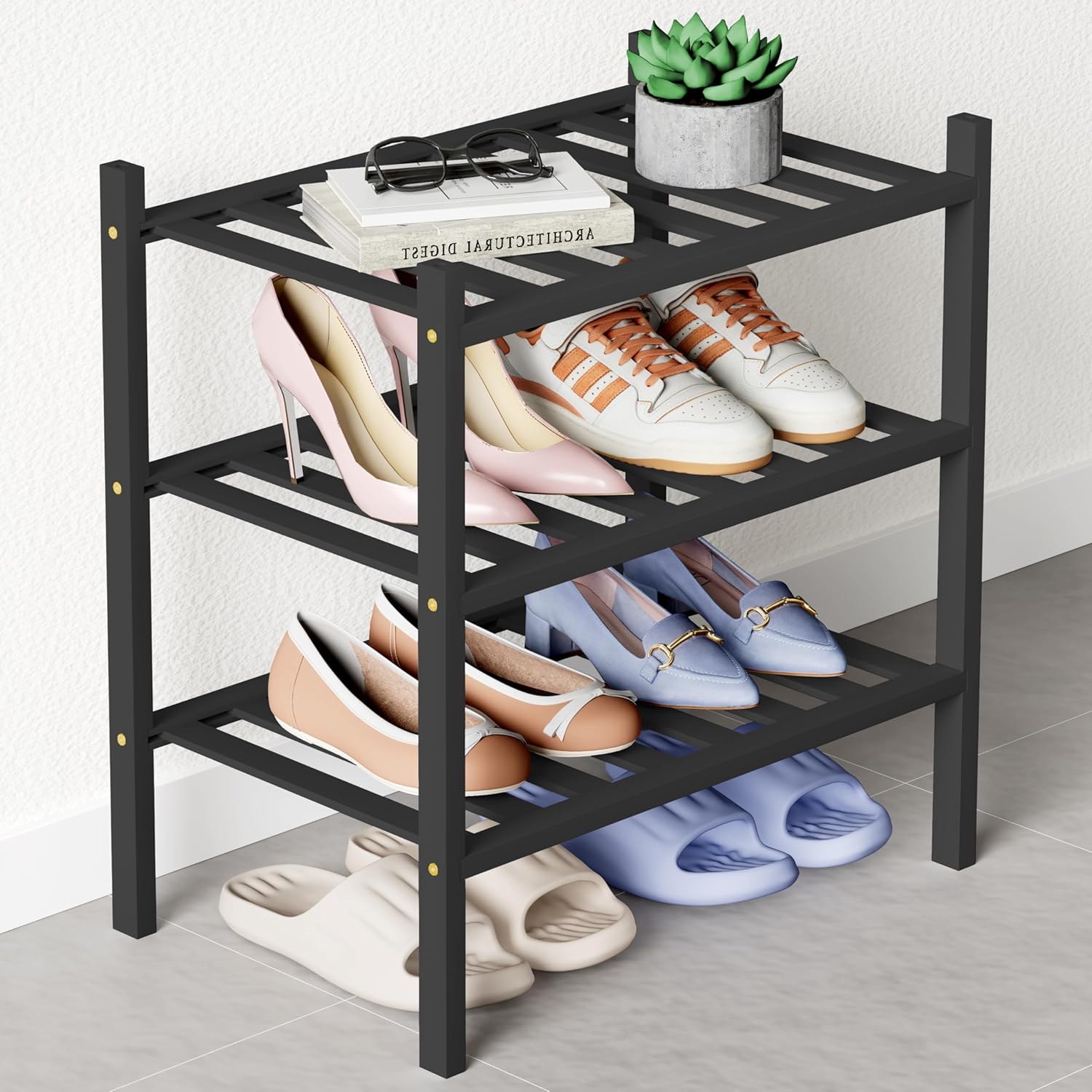 Smiry Bamboo Shoe Rack - 3 Tier Stackable Organizer for Entryway